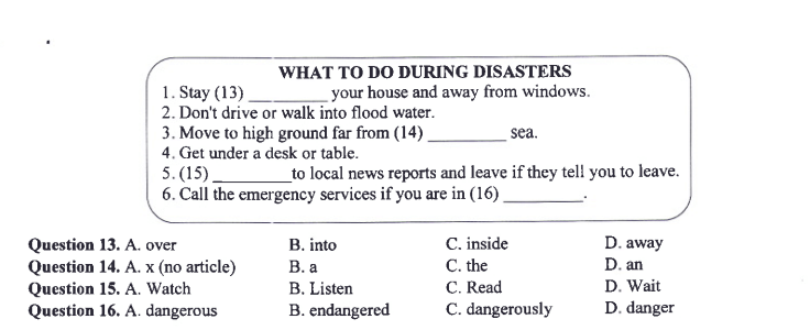 câu 13-16 đề minh họa tiếng anh vào 10
